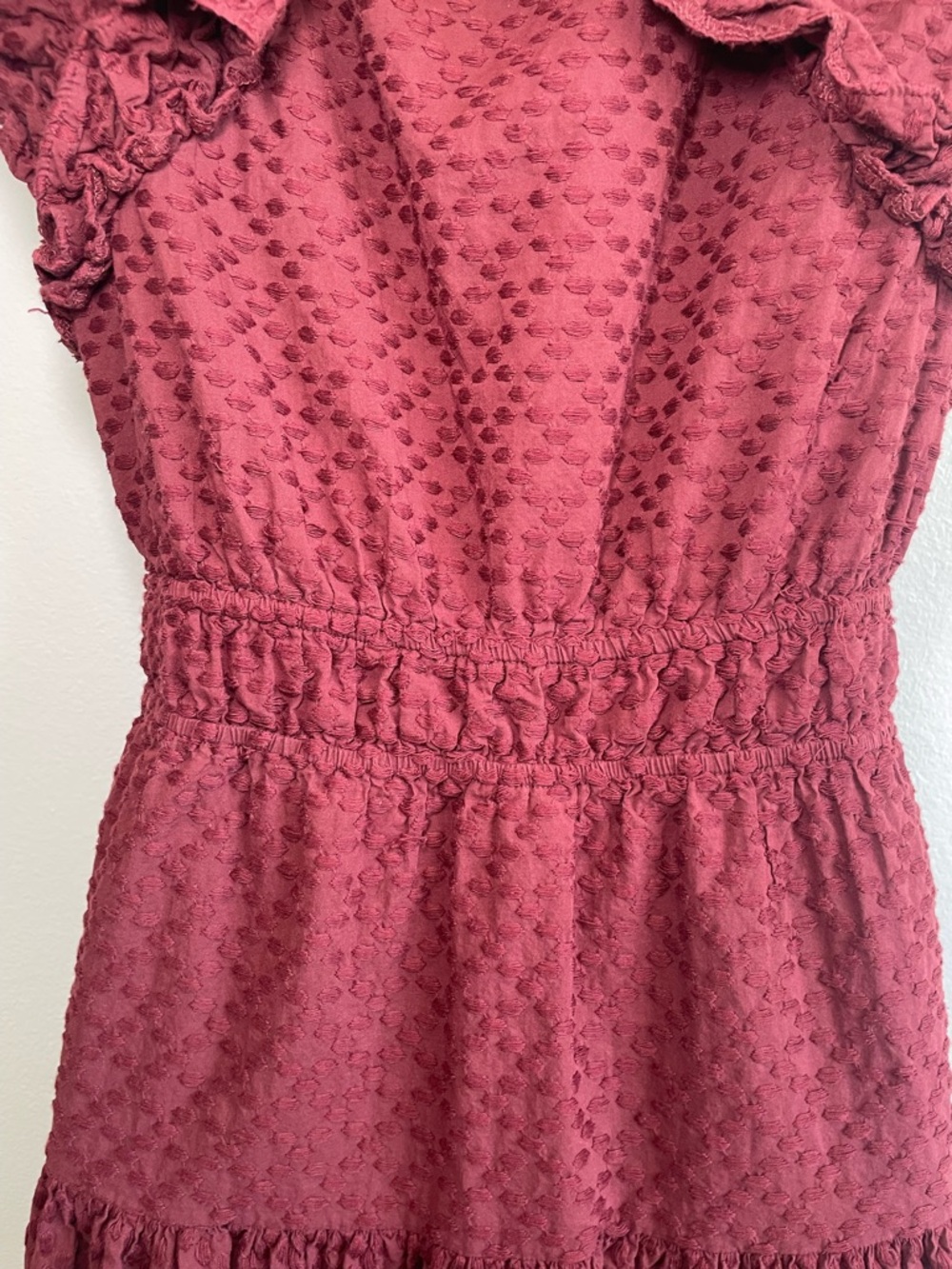 Chelsea & Violet Burgundy Swiss Dot Ruffle Midi Dress Size L (RUNS SMALL) - Picture 10 of 14